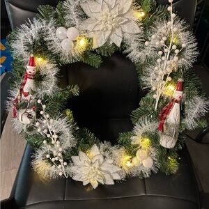 Hand Crafted Holiday Lit Wreath with Snowman and White Accents